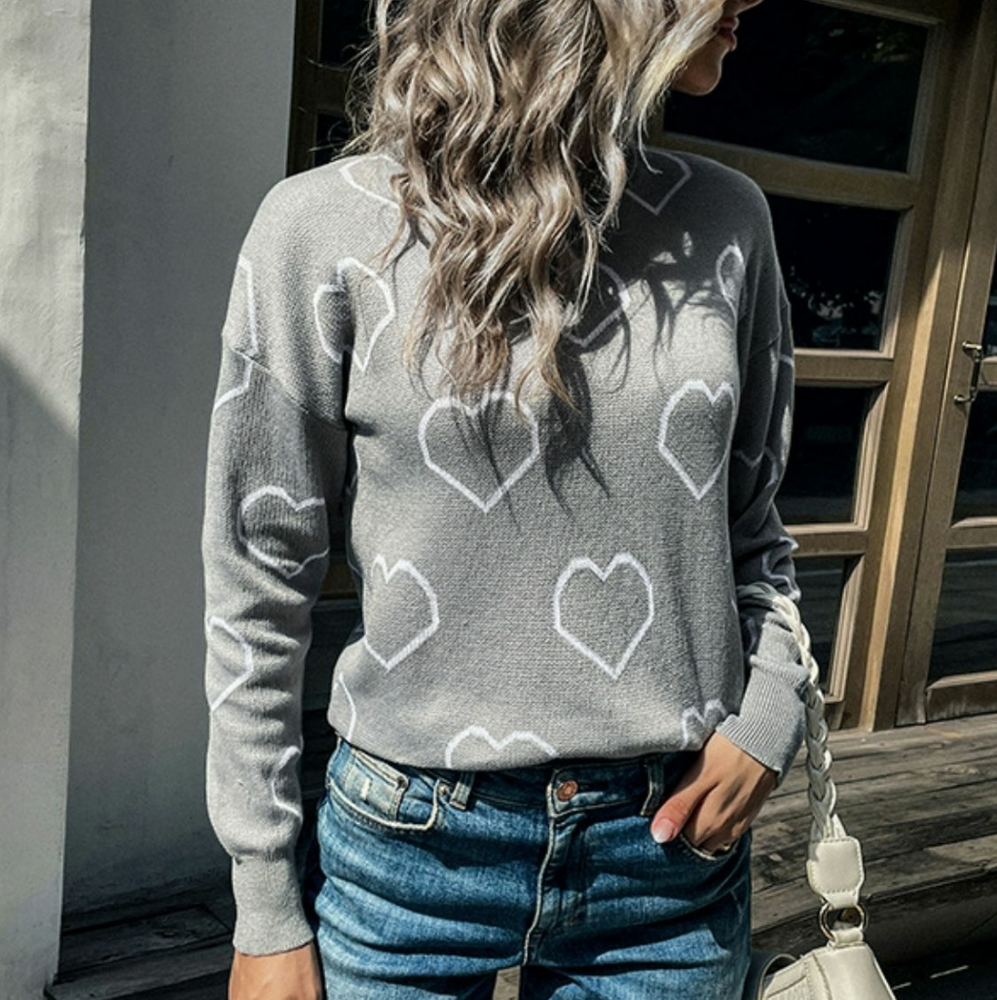Heart Print Dropped Shoulder Round Neck Sweater